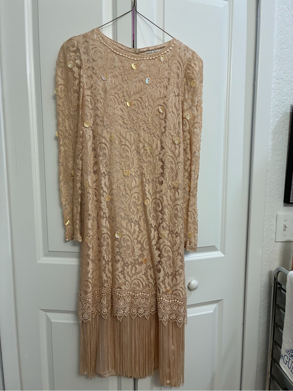 Nui Beige Lace Long-Sleeve Fringe Dress with Sequin Detail